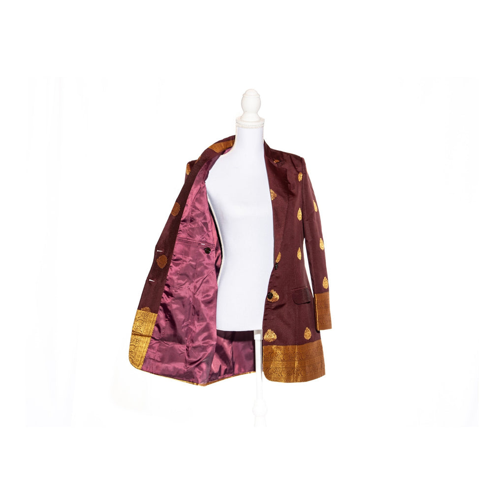 Maroon/Gold Semi Kanchi Silk Saree Blazer