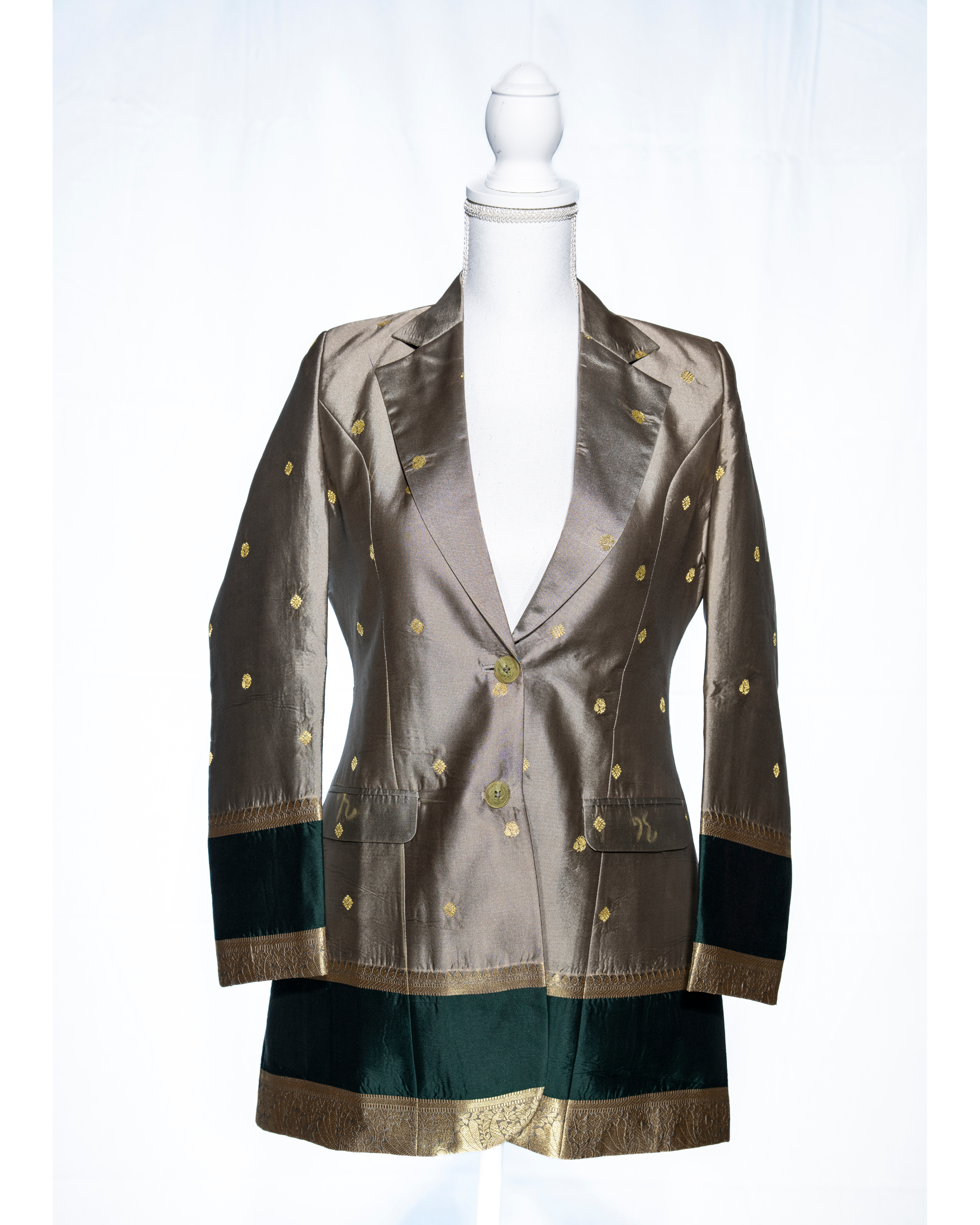 Grey/Green Semi Kanchi Silk Saree Blazer