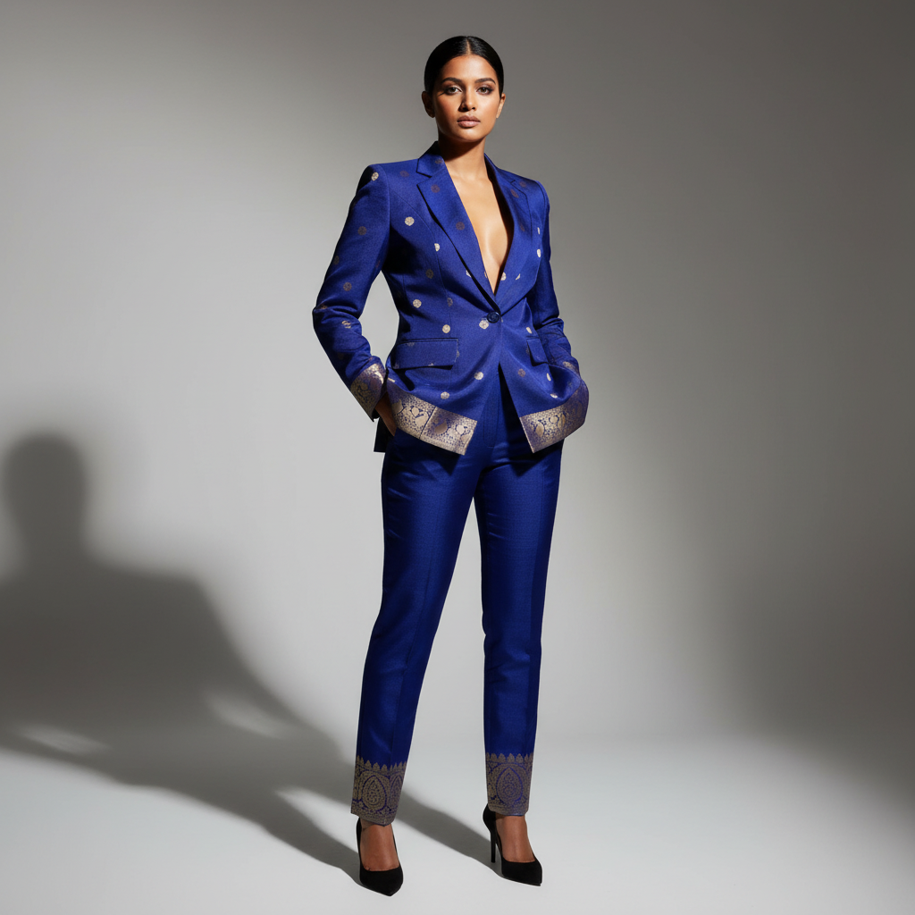 Dark blue Semi Kanchi Silk Saree Blazer