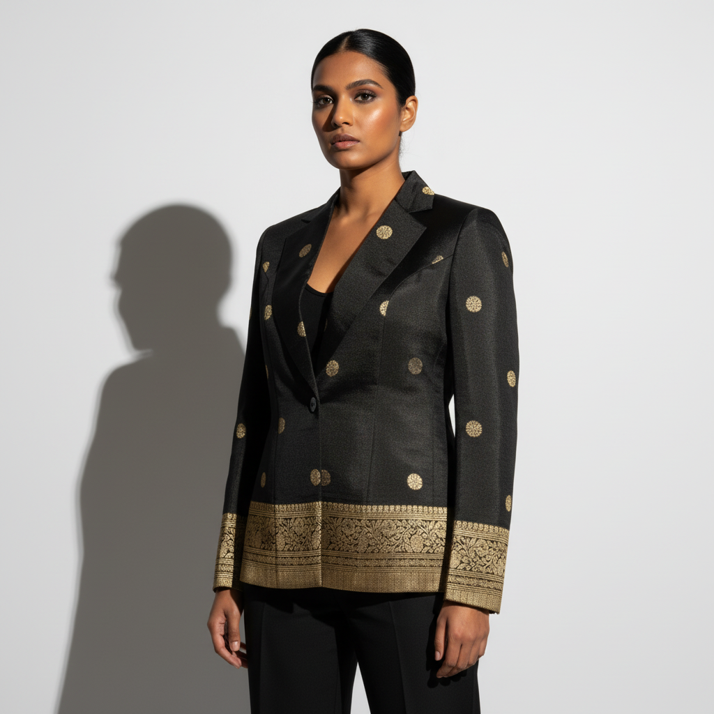 Black Silver/Gold Semi Kanchi Silk Saree Blazer