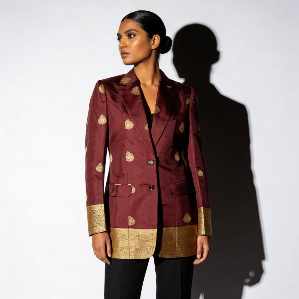 Maroon/Gold Semi Kanchi Silk Saree Blazer