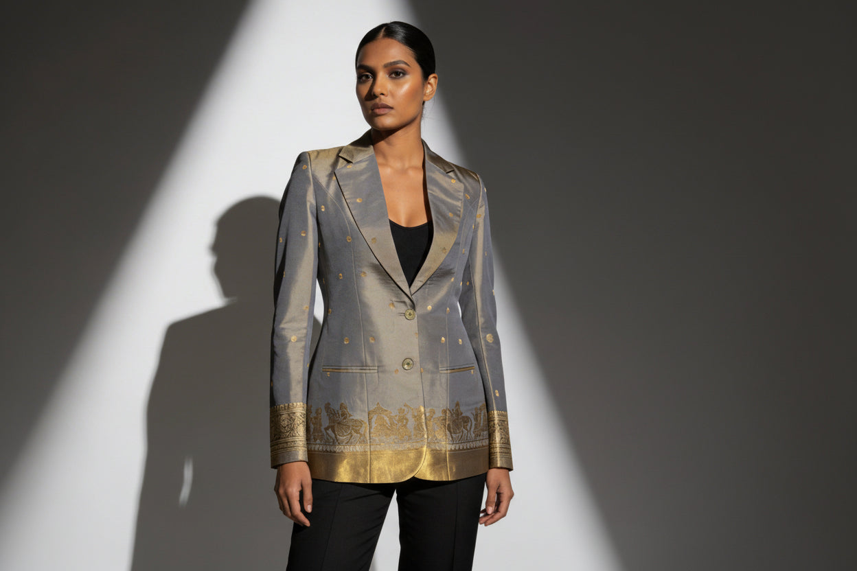 Grey/Gold Semi Kanchi Silk Saree Blazer