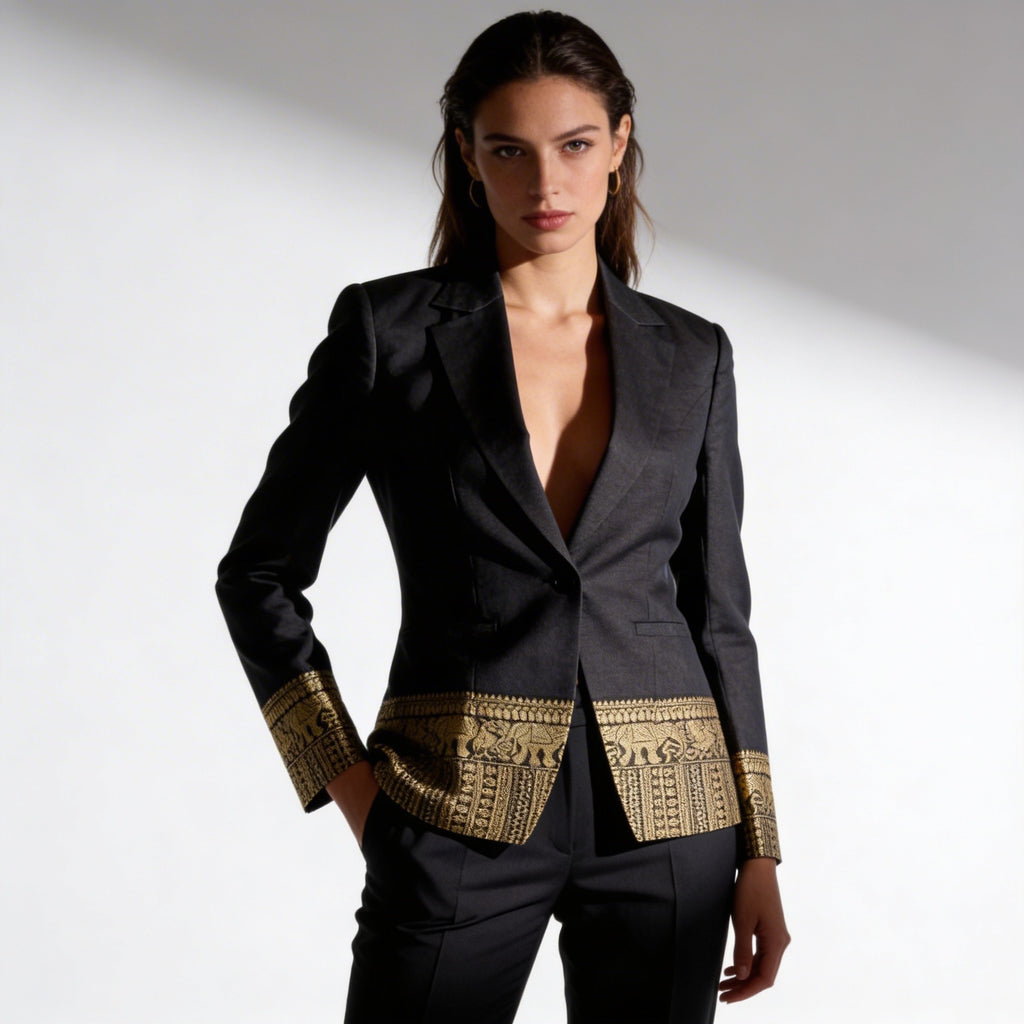 Short black elephant Kanchi Cotton Saree Blazer