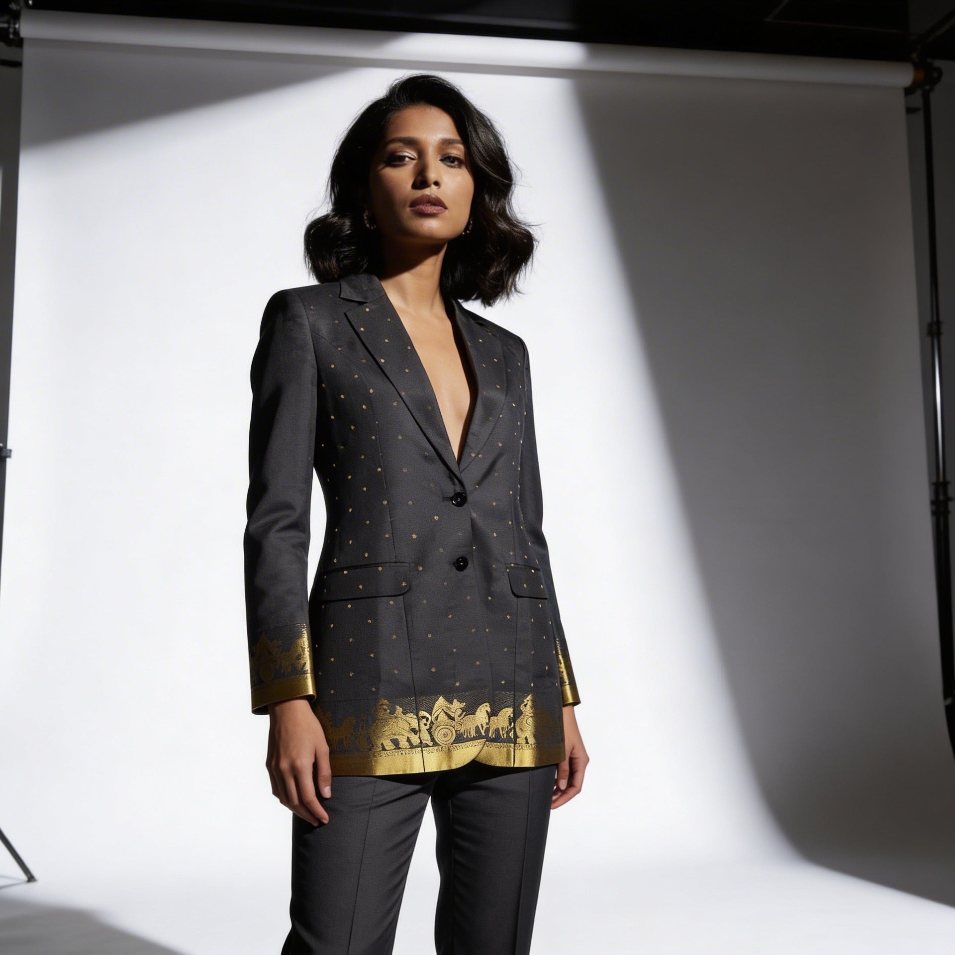 Black/Gold Semi Kanchi Silk Saree Blazer