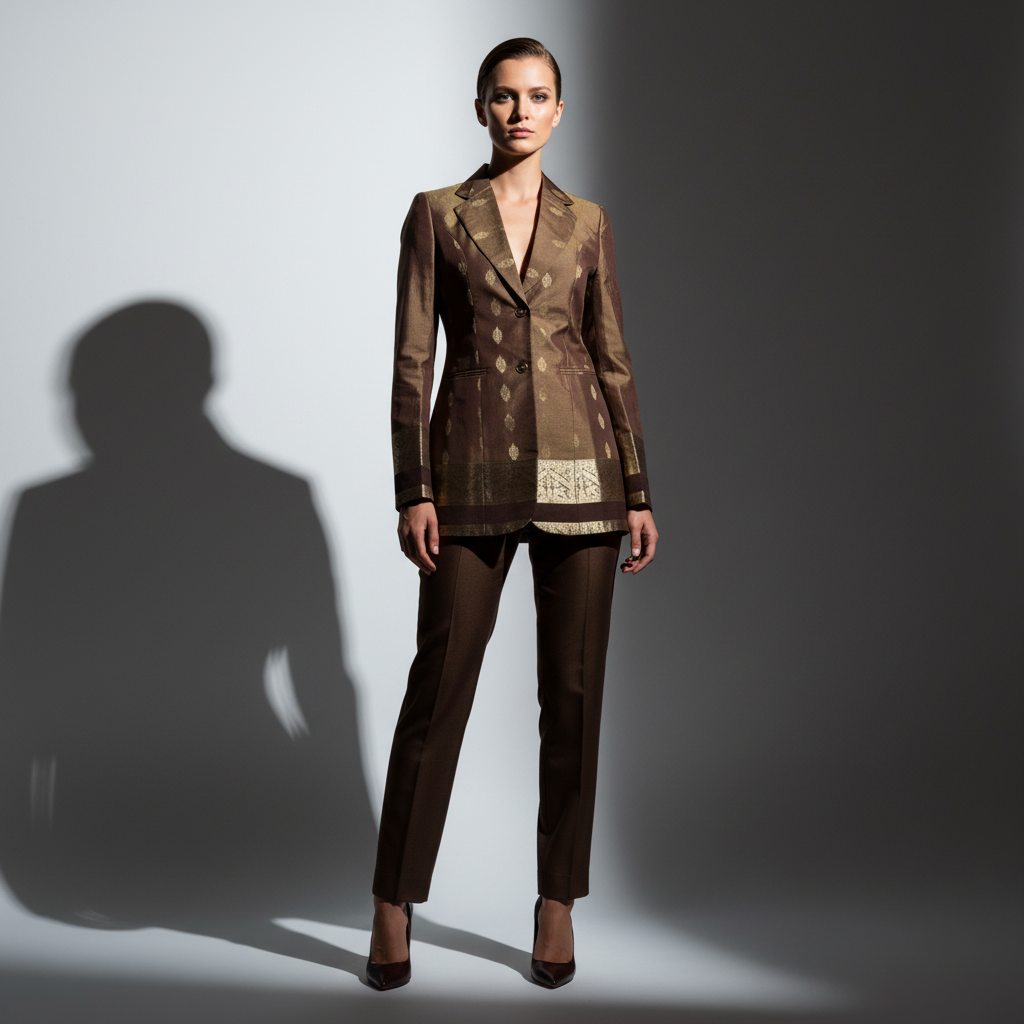Brown Semi Kanchi Silk Saree Blazer