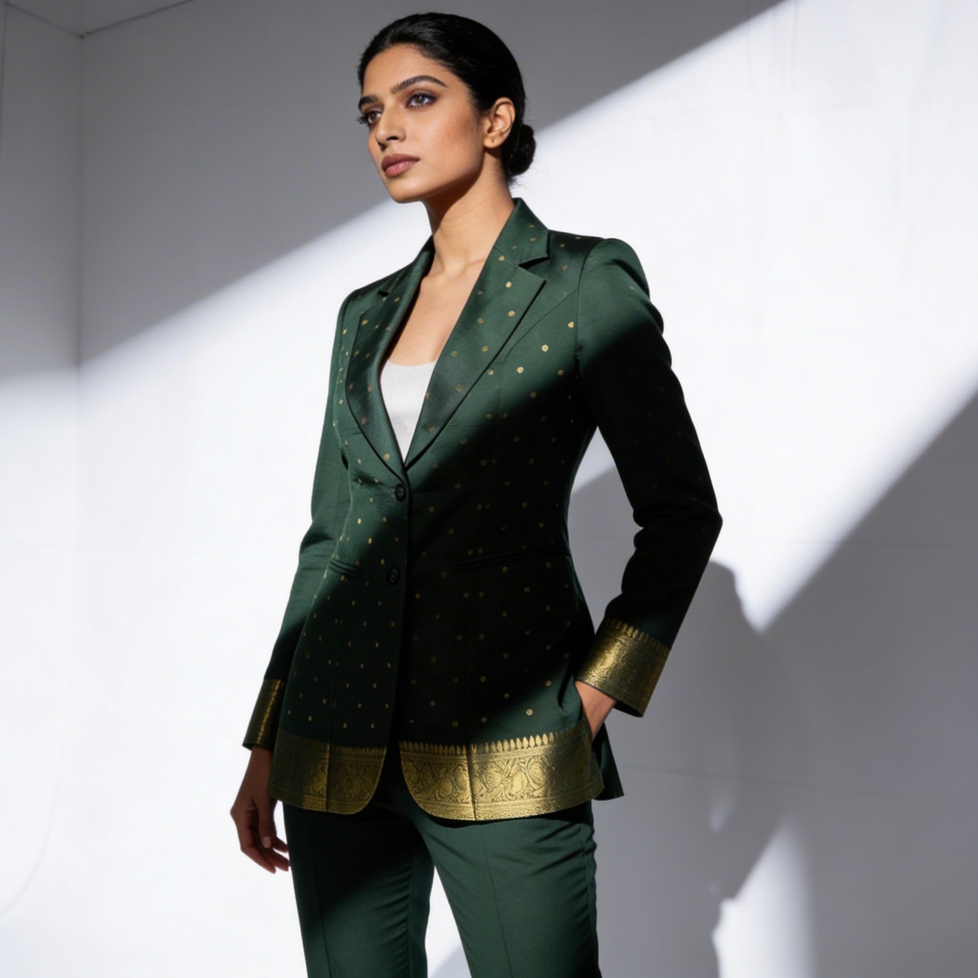 Green/Gold Semi Kanchi Silk Saree Blazer