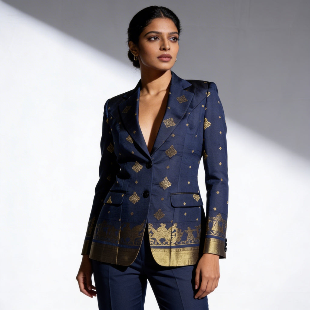 Dark blue Semi Kanchi Silk Saree Blazer