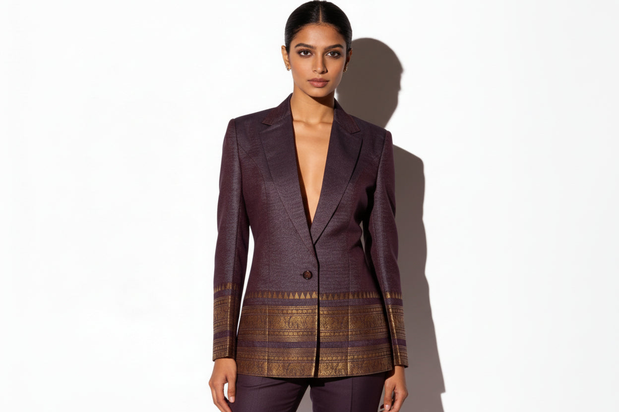 Short Coffee brown/Purple Kanchi Cotton Saree Blazer