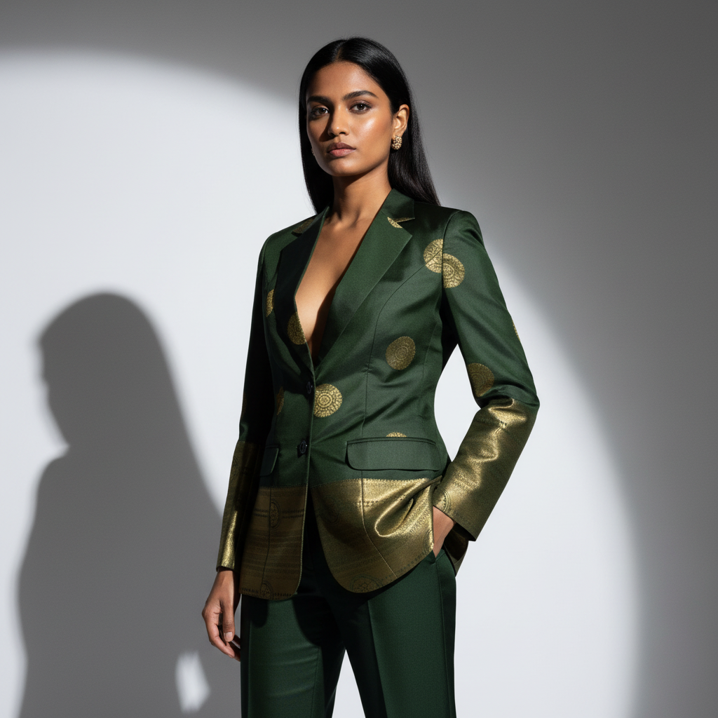 Green/Gold Semi Kanchi Silk Saree Blazer