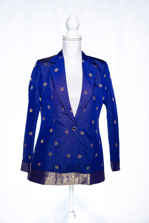 Dark blue Semi Kanchi Silk Saree Blazer